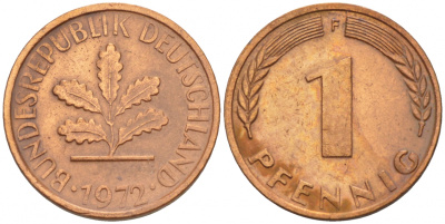 ФРГ 1 ПФЕННИГ 1972 F KM 105, J.380 сталь плакированная медью 4532-1261