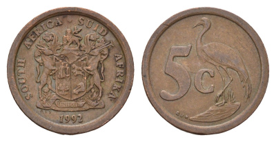 ЮАР 5 центов 1992 герб, райский журавль KM 134 сталь плакированная медью 4643-263