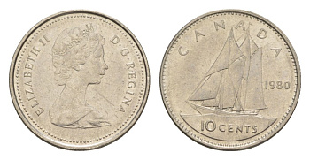 Канада 10 центов 1980 Елизавета II (1952-2022), парусник KM 77 никель 4630-829