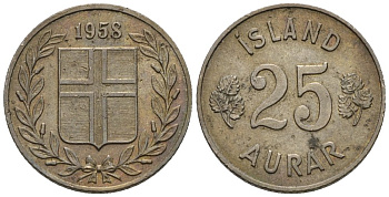 Исландия 25 эйре 1958 Республика (1944-1980) KM 11 медно-никель 4576-135