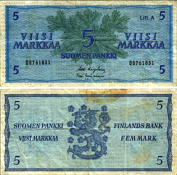 ФИНЛЯНДИЯ 5 МАРОК 1963 БУКВА А Pick 103а бумага 8606-46-3-1