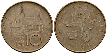 Чехия 10 крон 1993 Кафедральный собор города Брно KM 4 сталь плакированная медью 4167-953