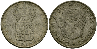 Швеция 1 крона 1952 TS, Густав VI Адольф (1950-1973) KM 826 серебро 4177-955