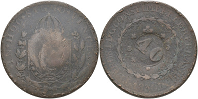 Бразилия 40 рейс 1835 R, провинция ICO, надчеканка на 80 рейсах 1830 Педро I (1822-1831) KM 444.1 медь 00-1067-4-32