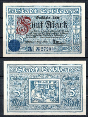 Кобленц (Пруссия, Рейн) 5 марок 1918 Geiger 082.01a бумага UNC (пресс) 7555-56-1-1
