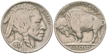 США 5 центов 1937 индеец, бизон KM 134 медно-никель 4614-1266