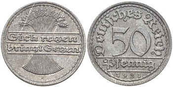 ГЕРМАНИЯ 50 ПФЕННИГОВ 1921 F KM 27, J. 301, Weege 10 алюминий 261-736