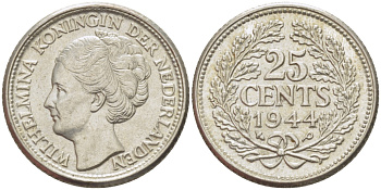 Нидерланды 25 центов 1944 Вильгельмина (1890-1948) KM 164 серебро aUNC 66-1162