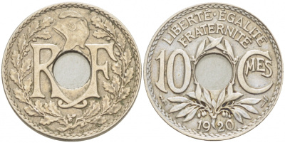 ФРАНЦИЯ 10 САНТИМОВ 1920 ТИП ЛИНДАЙЁ KM 866а медно-никель 4402-737
