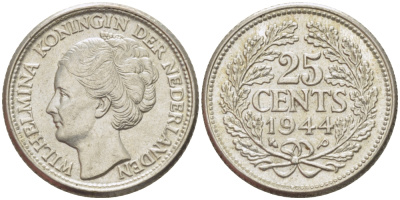 Нидерланды 25 центов 1944 Вильгельмина (1890-1948) KM 164 серебро aUNC 66-1162