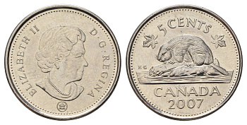 Канада 5 центов 2007 Leaf, Елизавета II (1952-2022), бобр KM 491 сталь плакированная никелем UNC 4689-465