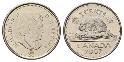 Канада 5 центов 2007 Leaf, Елизавета II (1952-2022), бобр KM 491 сталь плакированная никелем UNC 4689-465