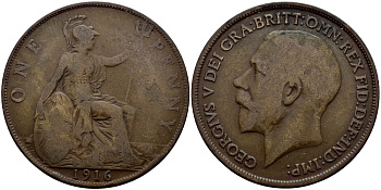 Великобритания 1 пенни 1916 Георг V (1910-1936) KM 810, Spink 4051 бронза 56-213