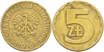 Польша 5 злотых 1976 монетный двор Ленинград (ЛМД) KM 81.1, Parchimowicz 221b латунь 4519-951