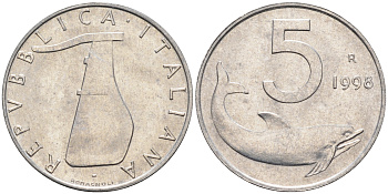 Италия 5 лир 1998 R, дельфин KM 92 алюминий  UNC  4594-747