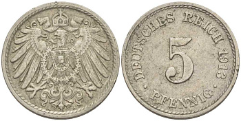 ГЕРМАНИЯ 5 ПФЕННИГОВ 1913 A KM 11, J. 12 медно-никель 66-464