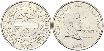 Филиппины 1 писо 2004 KM 269a сталь плакированная никелем 4122-322