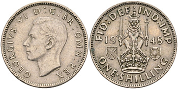 Великобритания 1 шиллинг 1948 Георг VI (1936-1952), Шотландский герб KM 864, Spink 4104 медно-никель 4126-356
