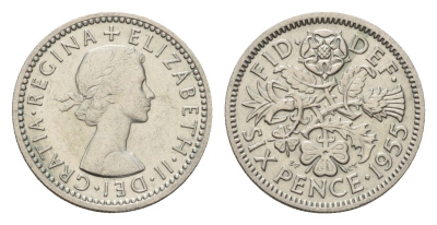 Великобритания 6 пенсов 1955 Елизавета II (1952-2022) KM 903, Spink 4149 медно-никель 4651-1153