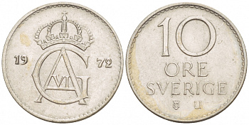 Швеция 10 эре 1972 U Густав VI Адольф (1950-1973) KM 835 медно-никель 4547-1061