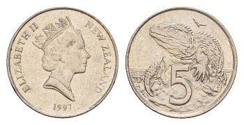 Новая Зеландия 5 центов 1997 Елизавета II (1952-2022), ящерица гаттерия KM 60 медно-никель 4594-544