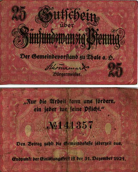 ТАЛЕ ХАРЦ, ГЕРМАНИЯ 25 ПФЕННИГОВ 1921 НОТГЕЛЬД, 31 ДЕКАБРЯ 1921, ЗЕМЛЯ САКСОНИЯ-АНХАЛЬТ, РОЗОВАЯ БУМАГА ARNOLD KELLER T 7.12b бумага 7487-57-1-2