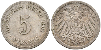Германия 5 пфеннигов 1901 J KM 11, J. 12 медно-никель 4151-429