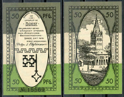 Германия, Зост 50 пфеннигов 1919 нотгельд, октябрь 1919 Tieste 6940/01 бумага UNC (пресс) 444-70-2-1
