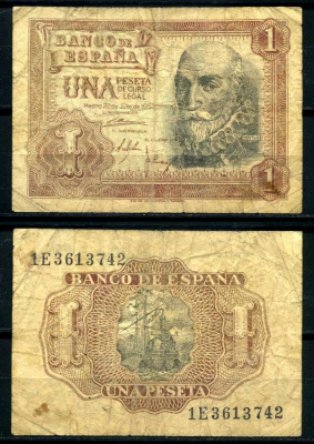 Испания 1 песета 1953 22 июля 1953, Мигель де Санта Круз Pick 144а бумага 7207-41-3-2