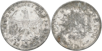 Германия 500 марок 1923 А KM 36, J.305 алюминий 06-2121