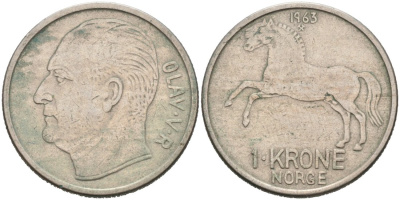 Норвегия 1 крона 1963 лошадь, Улаф V KM 409 медно-никель 4571-416