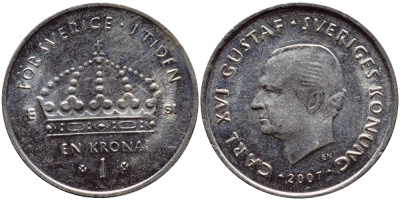 Швеция 1 крона 2007 Карл XVI Густав (1973- ) KM 894 медно-никель 93-1235