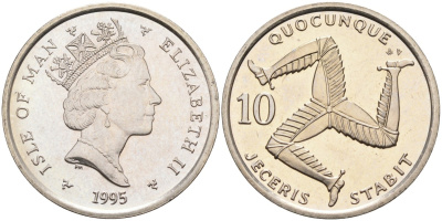 Остров Мэн 10 пенсов 1995 РМ, АD, герб, Елизавета II (1952) KM 209.1 медно-никель BUNC 4582-424