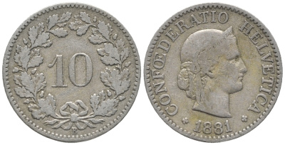 Швейцария 10 раппенов 1881 В KM 27 медно-никель 100-822