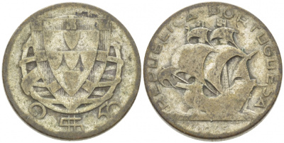 ПОРТУГАЛИЯ 2,5 ЭСКУДО 1945 ПАРУСНИК KM 580 серебро 3955-533