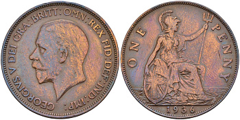 Великобритания 1 пенни 1936 Георг V (1910-1936) KM 838, Spink 4055 бронза 4117-831