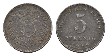 Германия 5 пфеннигов 1918 KM 19, J. 297 железо плакированная цинком 4659-125