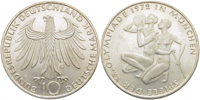 ФРГ 10 марок 1972 G, XX летние Олимпийские Игры, Мюнхен 1972, спортсмены KM 132, J. 403 серебро 603-1314