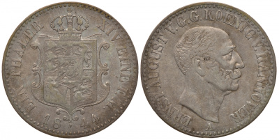 Брауншвейг-Каленберг-Ганновер 1 талер 1844 A, Эрнст Август (1837-1851) КМ 197.1, Jaeger 69, Thun 164, AKS 105, Kahnt 232 серебро 00-809-29