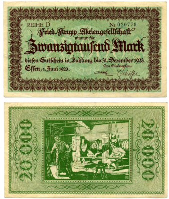 Эссен 20000 марок 1923 1 июня 1923 - 31 декабря 1923, нотгельд, земля Северный Рейн-Вестфалия, НОМЕР ЧЕРНЫЙ, REIHE D Keller 1429a бумага 2193-31-1-1