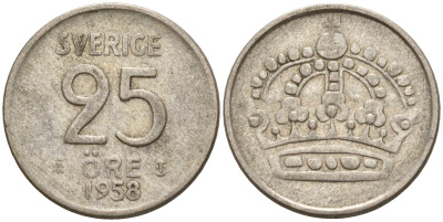 Швеция 25 эре 1958 TS, Густав VI Адольф (1950-1973) KM 824 серебро 4147-1061