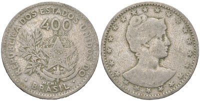 Бразилия 400 реалов 1901 MCMI, голова свободы вправо KM 505 медно-никель 4612-443