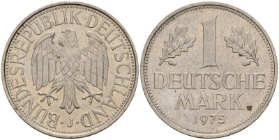 ФРГ 1 марка 1975 J KM 110, J. 385 медно-никель 4159-1136