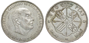 Испания 100 песет 1966 (66) Франсиско Франко (1939-1975) KM 797 серебро 4178-1242