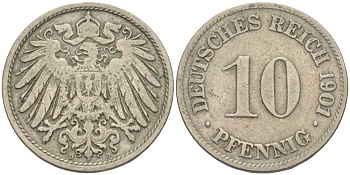 ГЕРМАНИЯ 10 ПФЕННИГОВ 1901 D KM 12, J. 13 медно-никель 4401-1232