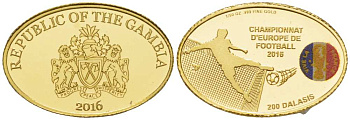Гамбия 200 даласи 2016 чемпионат Европы по футболу во Франции, овал, эмаль KM NEW золото PROOF 00-806-52