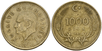 Турция 1000 лир 1990 Кемаль Ататюрк KM 997 медь цинк никель 4601-654