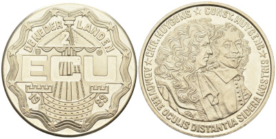 Нидерланды 2 1/2 экю 1989 Константин и Кристиан Гюйгенс, диаметр 33 мм. KM X#16 медь никель цинк UNC 81-233