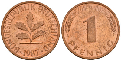 ФРГ 1 пфенниг 1987 D KM 105, J.380 сталь плакированная медью 4602-766