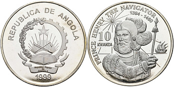 Ангола 10 кванза 1999 принц Генрих мореплаватель, парусник, тираж 10000 экз. KM 102 серебро PROOF 00-000-00